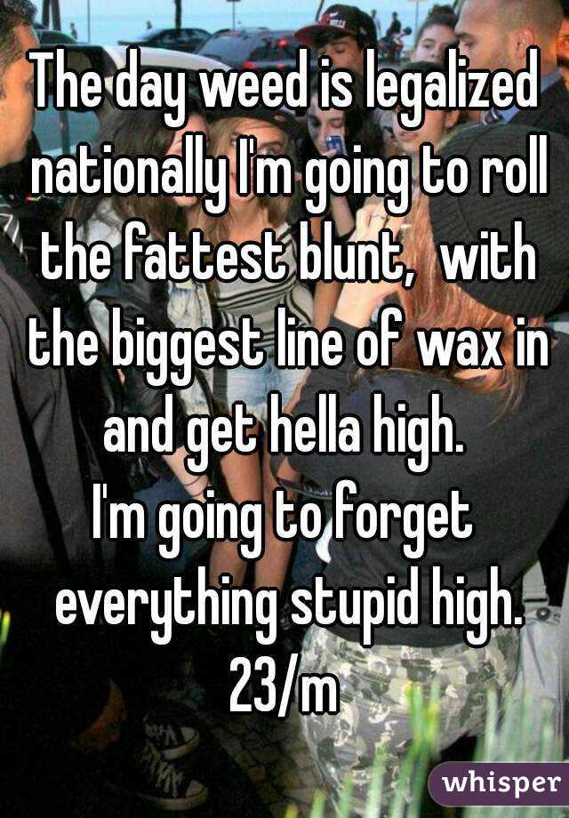The day weed is legalized nationally I'm going to roll the fattest blunt,  with the biggest line of wax in and get hella high. 
I'm going to forget everything stupid high.
23/m