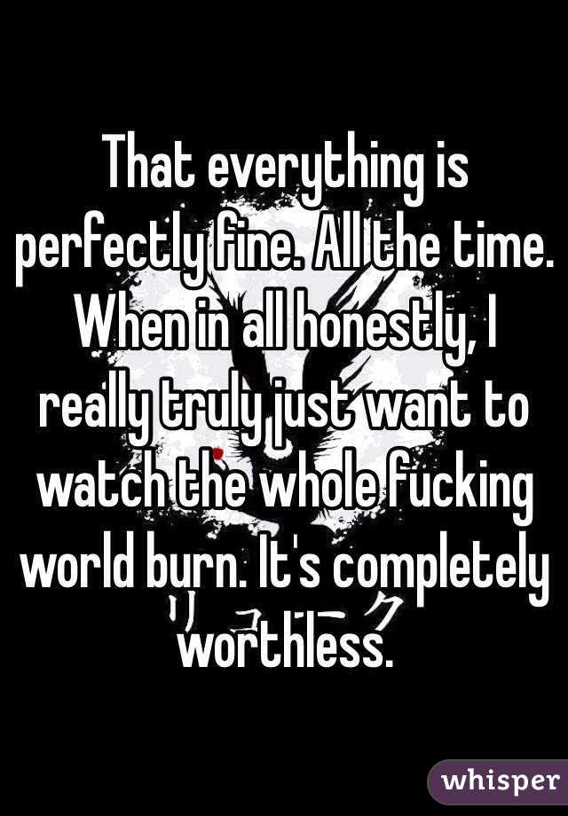 That everything is perfectly fine. All the time. When in all honestly, I really truly just want to watch the whole fucking world burn. It's completely worthless.