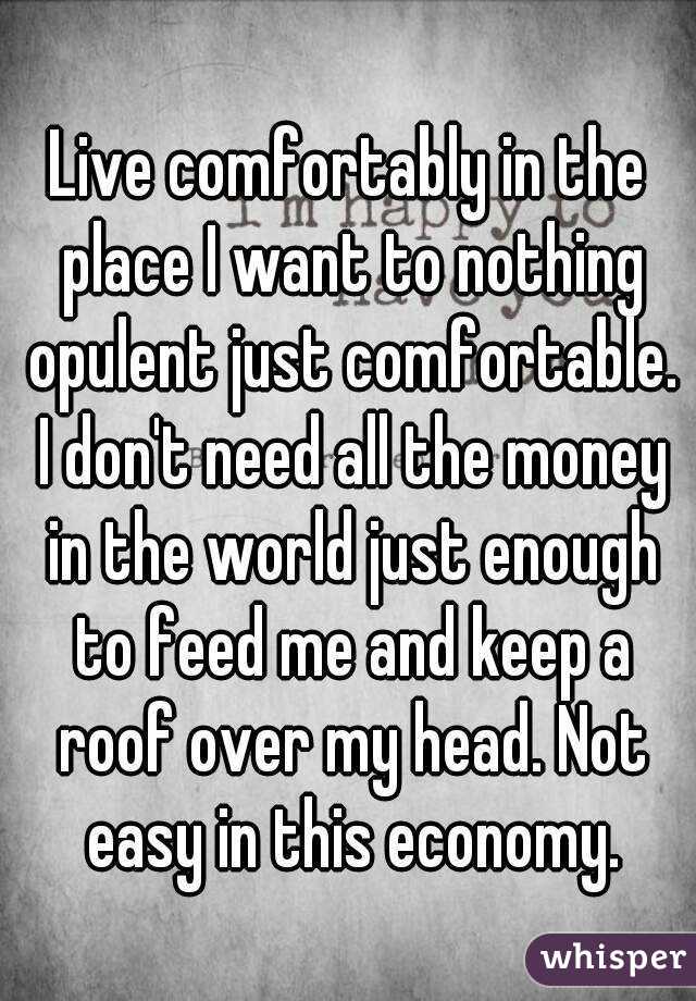 Live comfortably in the place I want to nothing opulent just comfortable. I don't need all the money in the world just enough to feed me and keep a roof over my head. Not easy in this economy.