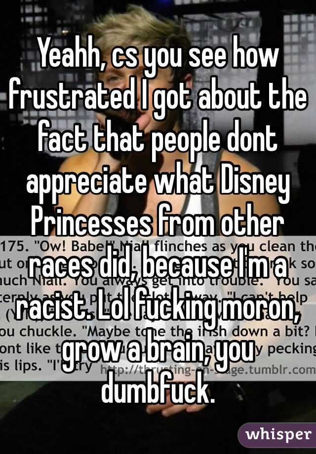 Yeahh, cs you see how frustrated I got about the fact that people dont appreciate what Disney Princesses from other races did, because I'm a racist. Lol fucking moron, grow a brain, you dumbfuck.