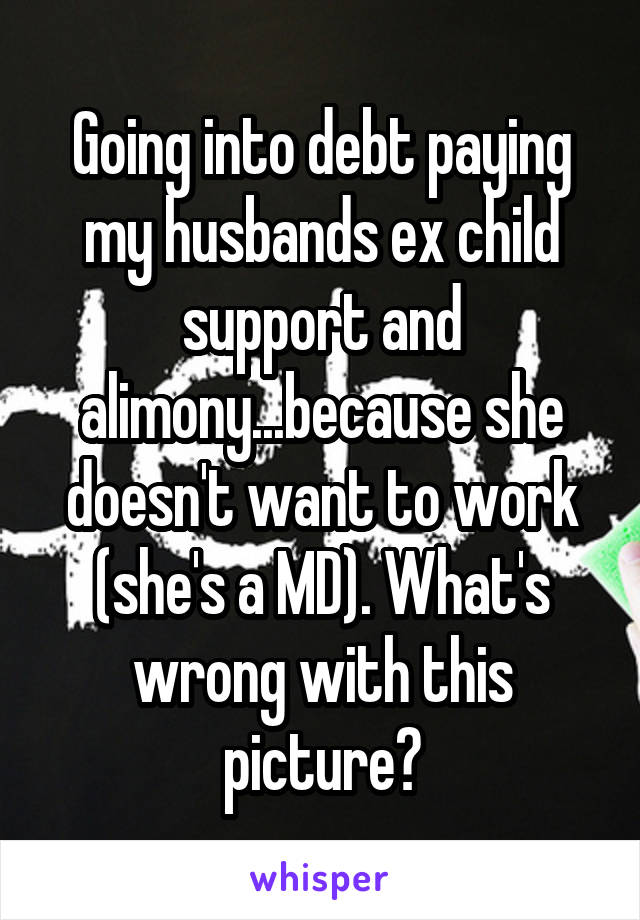Going into debt paying my husbands ex child support and alimony...because she doesn't want to work (she's a MD). What's wrong with this picture?
