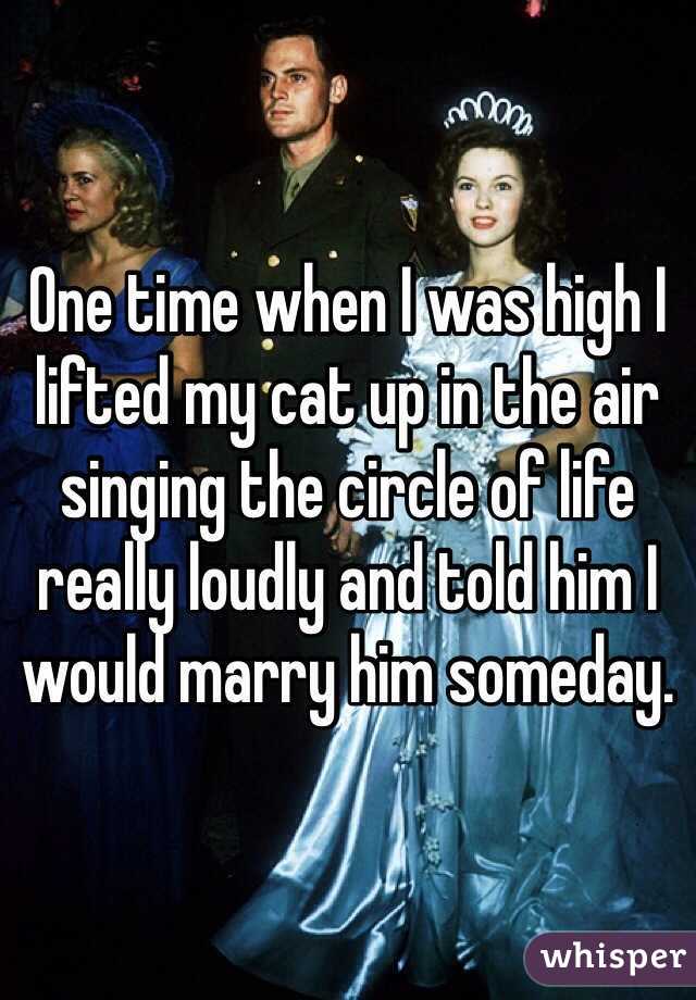 One time when I was high I lifted my cat up in the air singing the circle of life really loudly and told him I would marry him someday.