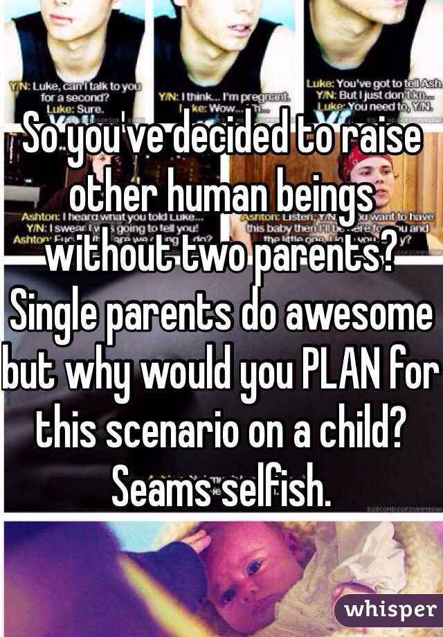 So you've decided to raise other human beings without two parents? Single parents do awesome but why would you PLAN for this scenario on a child? Seams selfish.