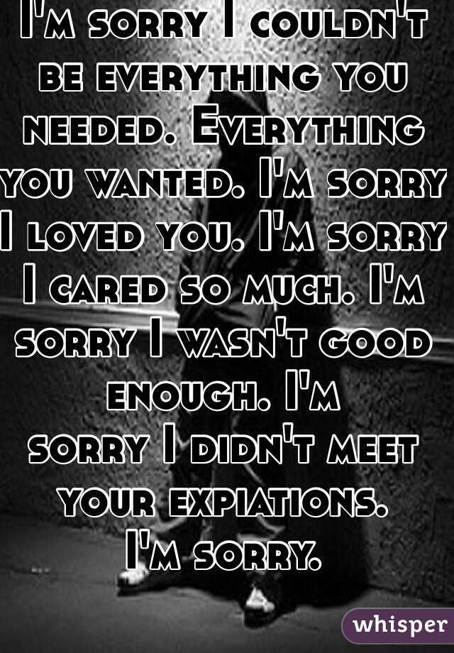 I'm sorry I couldn't be everything you needed. Everything you wanted. I'm sorry I loved you. I'm sorry I cared so much. I'm sorry I wasn't good enough. I'm 
sorry I didn't meet your expiations. 
I'm sorry.
