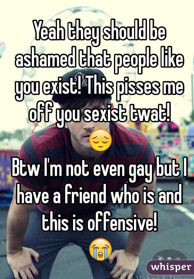 Yeah they should be ashamed that people like you exist! This pisses me off you sexist twat! 
😔
Btw I'm not even gay but I have a friend who is and this is offensive! 
😭