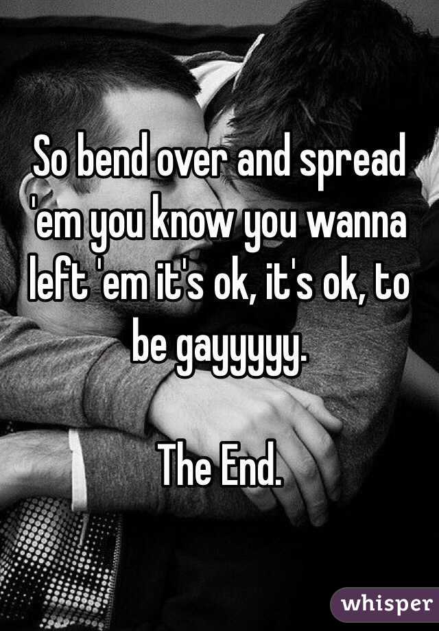 So bend over and spread 'em you know you wanna left 'em it's ok, it's ok, to be gayyyyy.

The End.