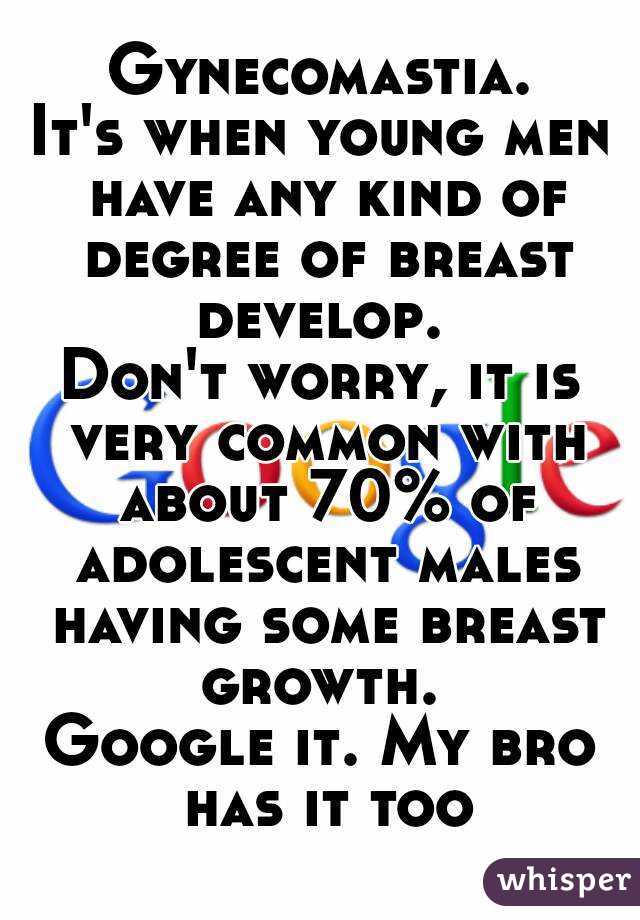 Gynecomastia.
It's when young men have any kind of degree of breast develop. 
Don't worry, it is very common with about 70% of adolescent males having some breast growth. 
Google it. My bro has it too