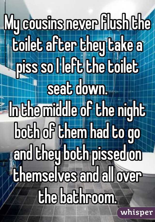My cousins never flush the toilet after they take a piss so I left the toilet seat down.
In the middle of the night both of them had to go and they both pissed on themselves and all over the bathroom.