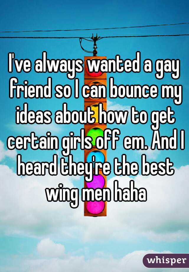 I've always wanted a gay friend so I can bounce my ideas about how to get certain girls off em. And I heard they're the best wing men haha