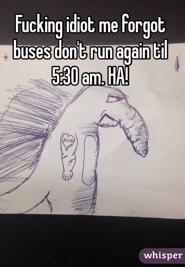 Fucking idiot me forgot buses don't run again til 5:30 am. HA!