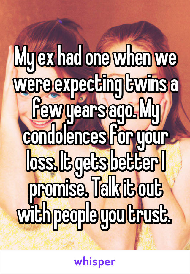 My ex had one when we were expecting twins a few years ago. My condolences for your loss. It gets better I promise. Talk it out with people you trust. 