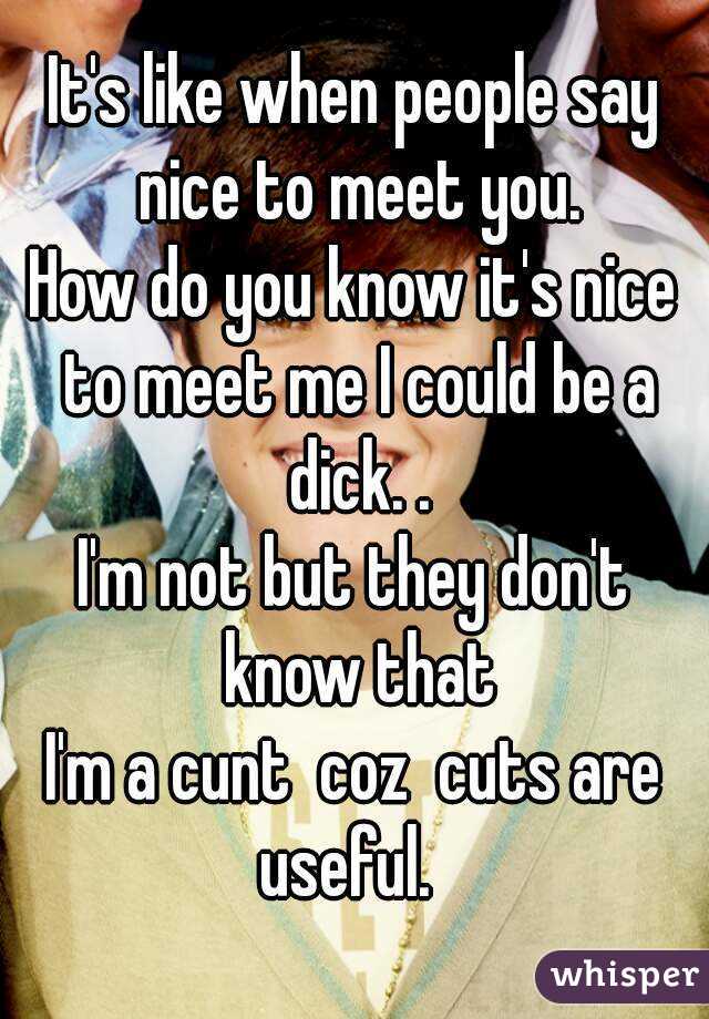 It's like when people say nice to meet you.
How do you know it's nice to meet me I could be a dick. .
I'm not but they don't know that
I'm a cunt  coz  cuts are useful.  