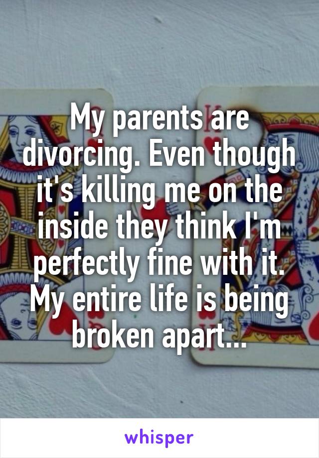My parents are divorcing. Even though it's killing me on the inside they think I'm perfectly fine with it. My entire life is being broken apart...