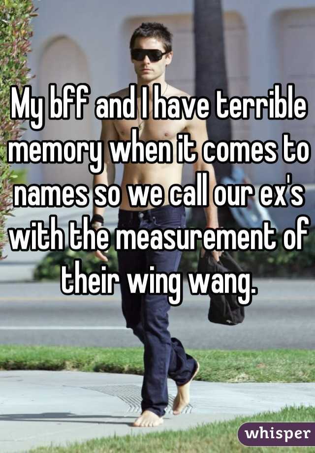 My bff and I have terrible memory when it comes to names so we call our ex's with the measurement of their wing wang.