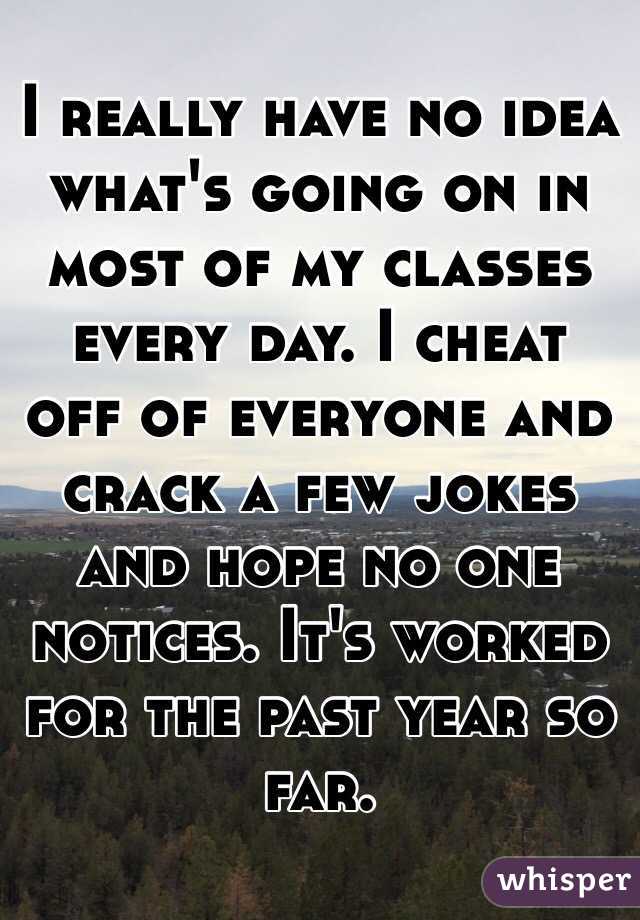 I really have no idea what's going on in most of my classes every day. I cheat off of everyone and crack a few jokes and hope no one notices. It's worked for the past year so far.