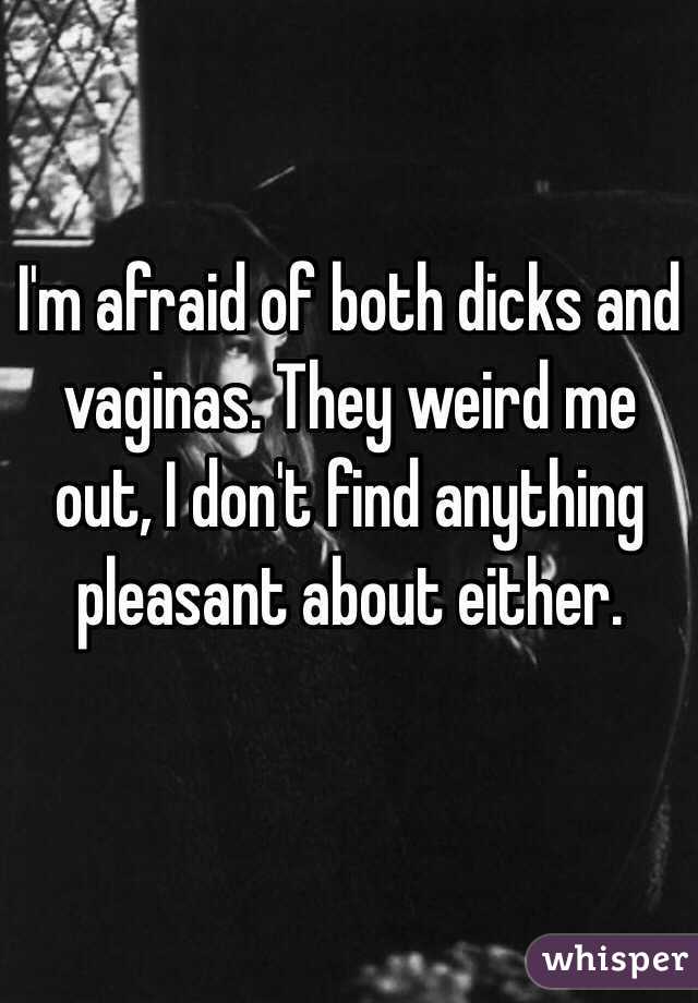 I'm afraid of both dicks and vaginas. They weird me out, I don't find anything pleasant about either. 