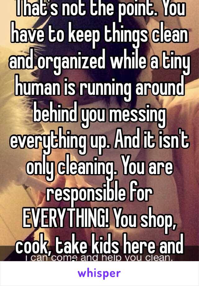 That's not the point. You have to keep things clean and organized while a tiny human is running around behind you messing everything up. And it isn't only cleaning. You are responsible for EVERYTHING! You shop, cook, take kids here and there, etc