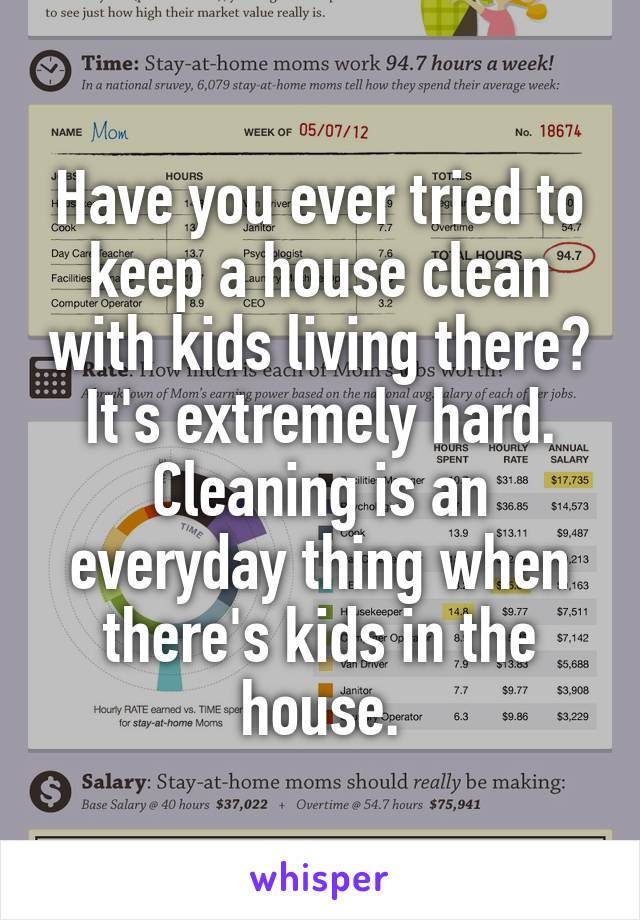 Have you ever tried to keep a house clean with kids living there? It's extremely hard. Cleaning is an everyday thing when there's kids in the house.