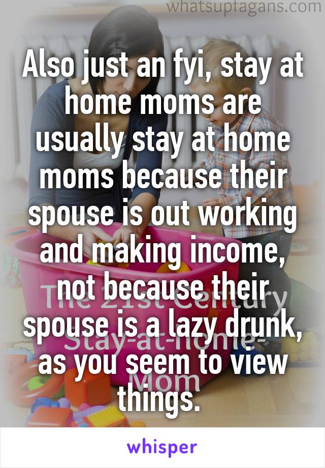 Also just an fyi, stay at home moms are usually stay at home moms because their spouse is out working and making income, not because their spouse is a lazy drunk, as you seem to view things. 