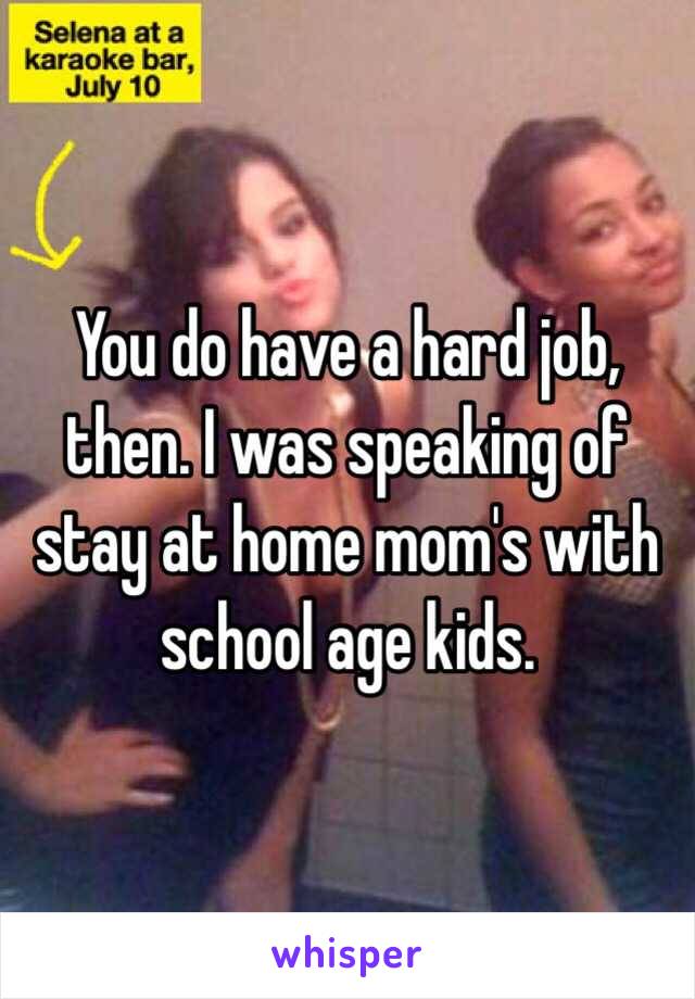 You do have a hard job, then. I was speaking of stay at home mom's with school age kids.