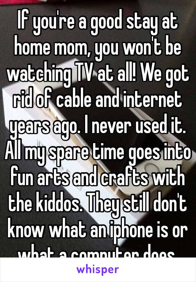 If you're a good stay at home mom, you won't be watching TV at all! We got rid of cable and internet years ago. I never used it. All my spare time goes into fun arts and crafts with the kiddos. They still don't know what an iphone is or what a computer does.