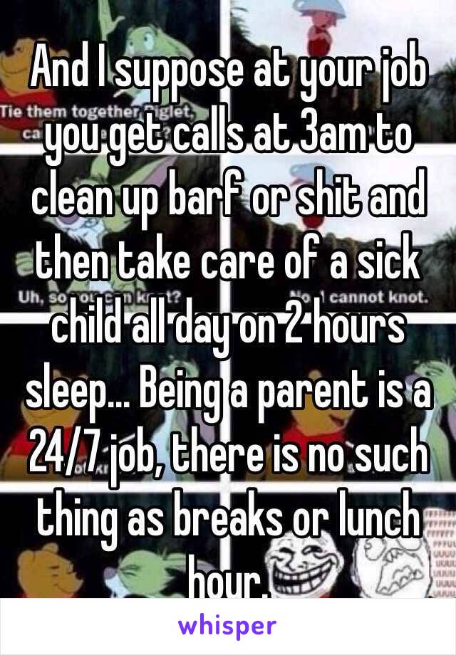 And I suppose at your job you get calls at 3am to clean up barf or shit and then take care of a sick child all day on 2 hours sleep... Being a parent is a 24/7 job, there is no such thing as breaks or lunch hour. 