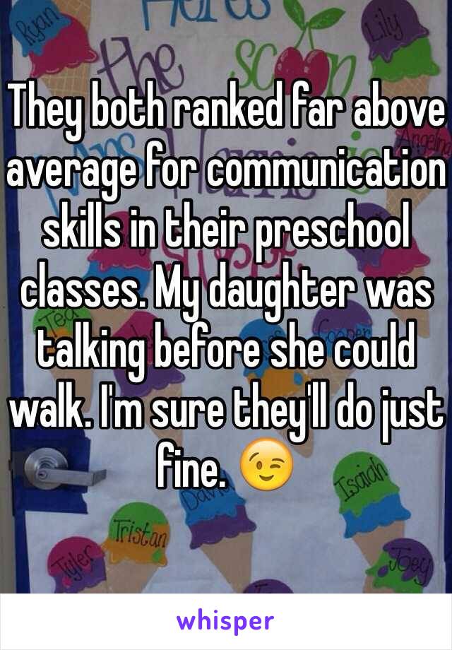 They both ranked far above average for communication skills in their preschool classes. My daughter was talking before she could walk. I'm sure they'll do just fine. 😉