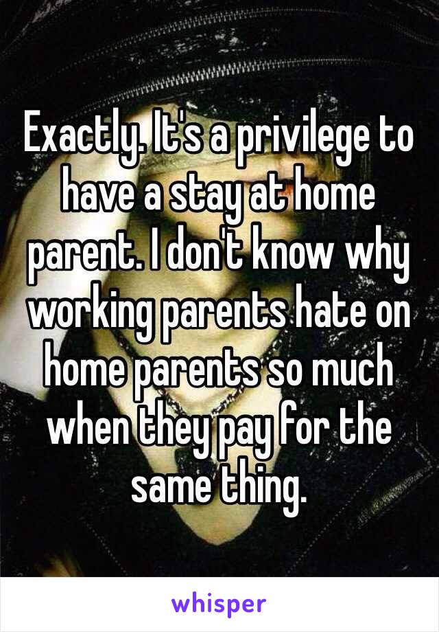 Exactly. It's a privilege to have a stay at home parent. I don't know why working parents hate on home parents so much when they pay for the same thing.  