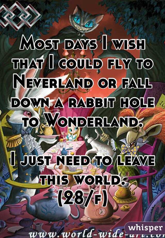 Most days I wish that I could fly to Neverland or fall down a rabbit hole to Wonderland.

I just need to leave this world.
(28/f)