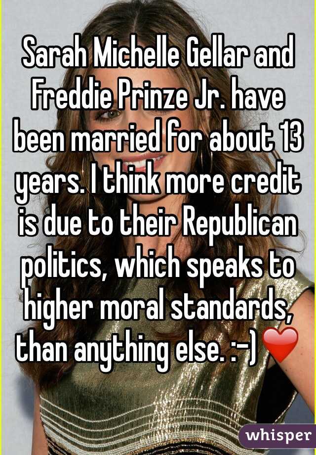 Sarah Michelle Gellar and Freddie Prinze Jr. have been married for about 13 years. I think more credit is due to their Republican politics, which speaks to higher moral standards, than anything else. :-)❤️