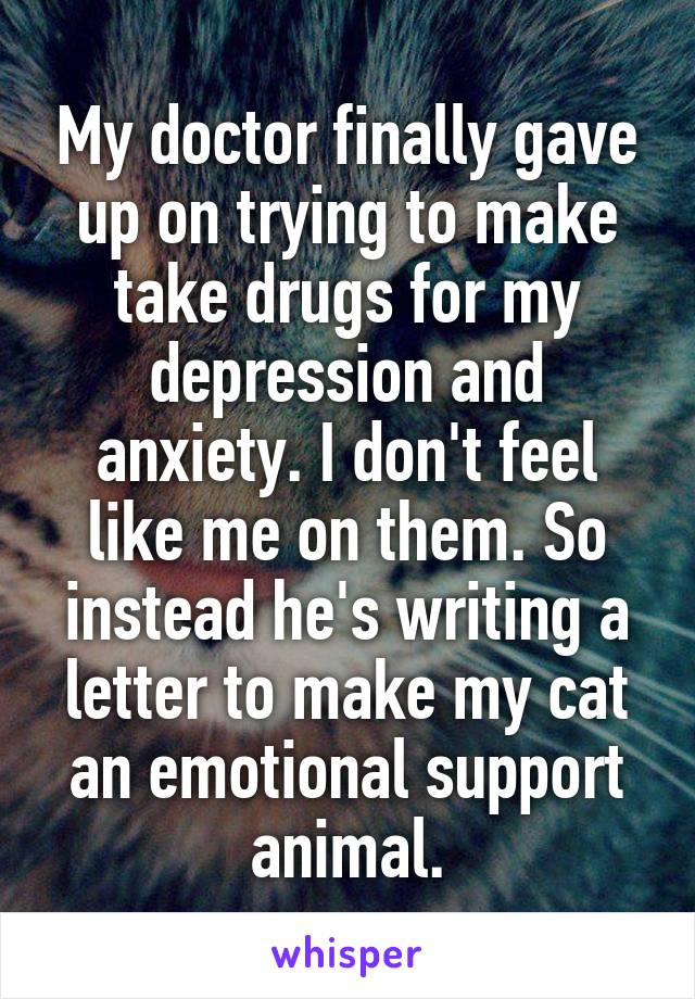 My doctor finally gave up on trying to make take drugs for my depression and anxiety. I don't feel like me on them. So instead he's writing a letter to make my cat an emotional support animal.