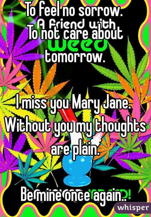 To free my mind. 
To let loose and unwind. 

To feel no sorrow. 
To not care about tomorrow. 

I miss you Mary Jane. 
Without you my thoughts are plain. 

Be mine once again.. 


Wtb grass. 