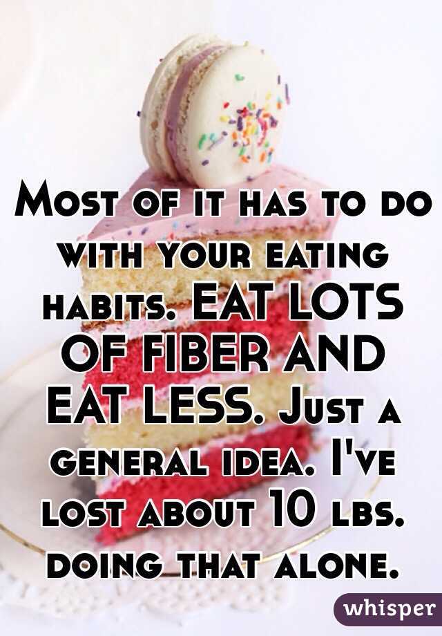 Most of it has to do with your eating habits. EAT LOTS OF FIBER AND EAT LESS. Just a general idea. I've lost about 10 lbs. doing that alone. 