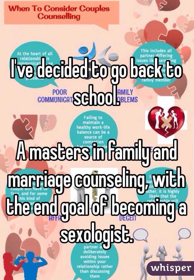 I've decided to go back to school. 

A masters in family and marriage counseling, with the end goal of becoming a sexologist. 