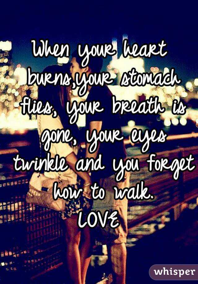 When your heart burns,your stomach flies, your breath is gone, your eyes twinkle and you forget how to walk.
LOVE