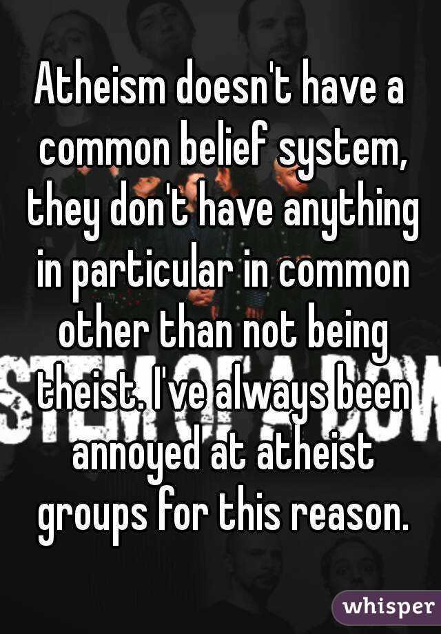 Atheism doesn't have a common belief system, they don't have anything in particular in common other than not being theist. I've always been annoyed at atheist groups for this reason.