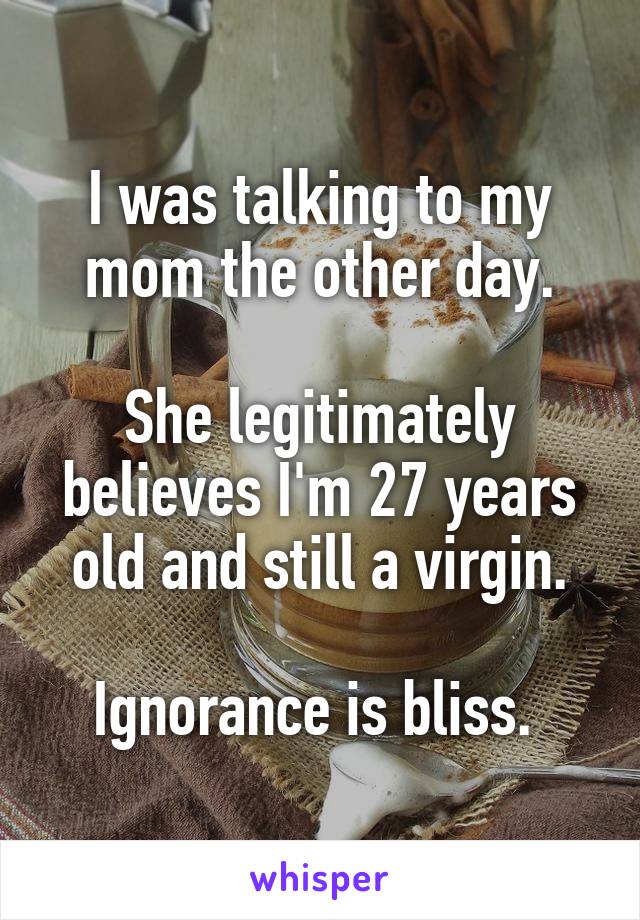 I was talking to my mom the other day.

She legitimately believes I'm 27 years old and still a virgin.

Ignorance is bliss. 