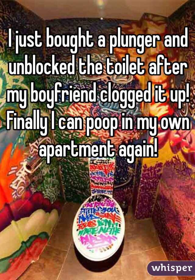 I just bought a plunger and unblocked the toilet after my boyfriend clogged it up! Finally I can poop in my own apartment again!