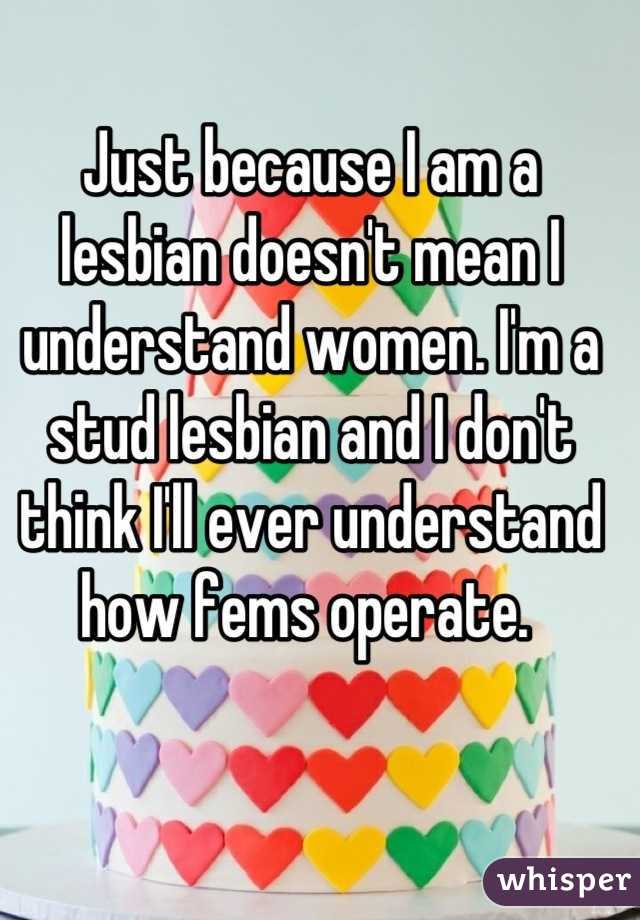 Just because I am a lesbian doesn't mean I understand women. I'm a stud lesbian and I don't think I'll ever understand how fems operate. 