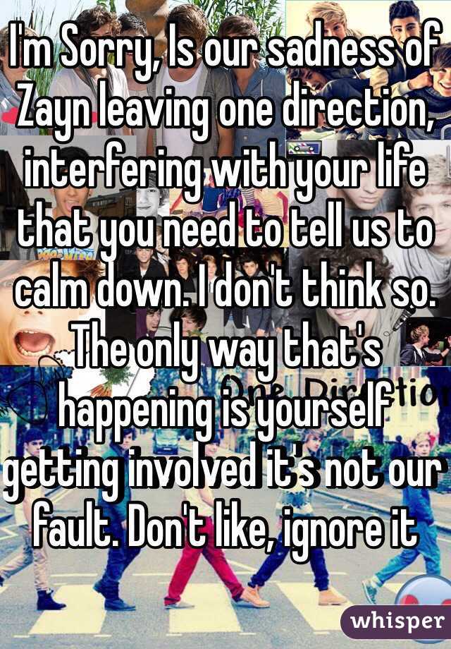 I'm Sorry, Is our sadness of Zayn leaving one direction, interfering with your life that you need to tell us to calm down. I don't think so. The only way that's happening is yourself getting involved it's not our fault. Don't like, ignore it 