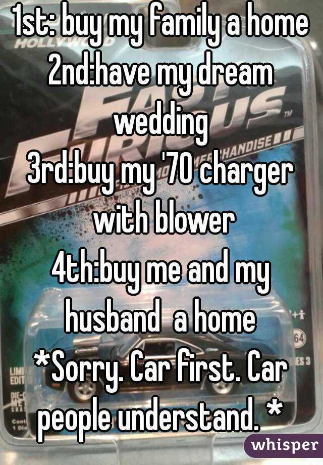 1st: buy my family a home
2nd:have my dream wedding 
3rd:buy my '70 charger with blower
4th:buy me and my husband  a home 
*Sorry. Car first. Car people understand. * 