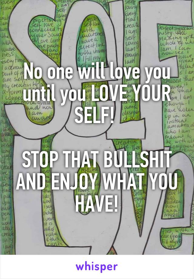 No one will love you until you LOVE YOUR SELF! 

STOP THAT BULLSHIT AND ENJOY WHAT YOU HAVE!