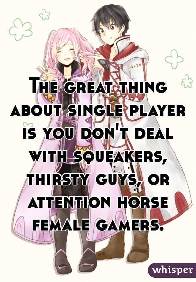 The great thing about single player is you don't deal with squeakers, thirsty guys, or attention horse female gamers. 