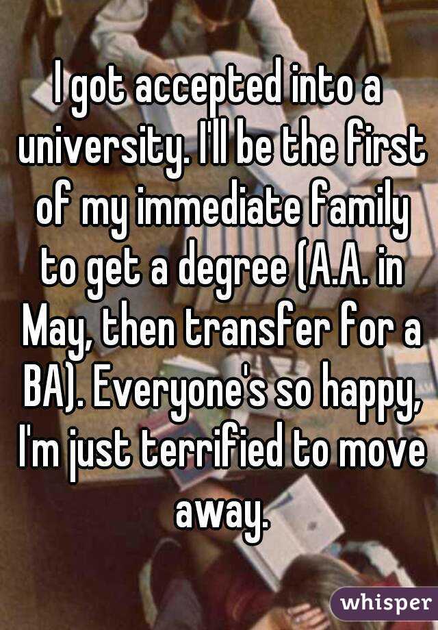 I got accepted into a university. I'll be the first of my immediate family to get a degree (A.A. in May, then transfer for a BA). Everyone's so happy, I'm just terrified to move away.