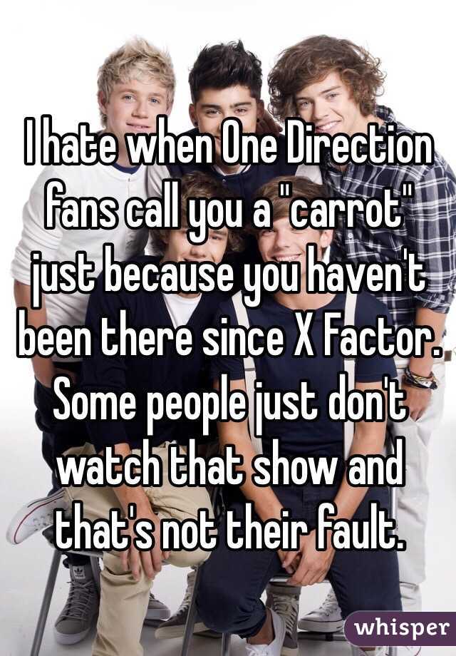 I hate when One Direction fans call you a "carrot" just because you haven't been there since X Factor. Some people just don't watch that show and that's not their fault. 