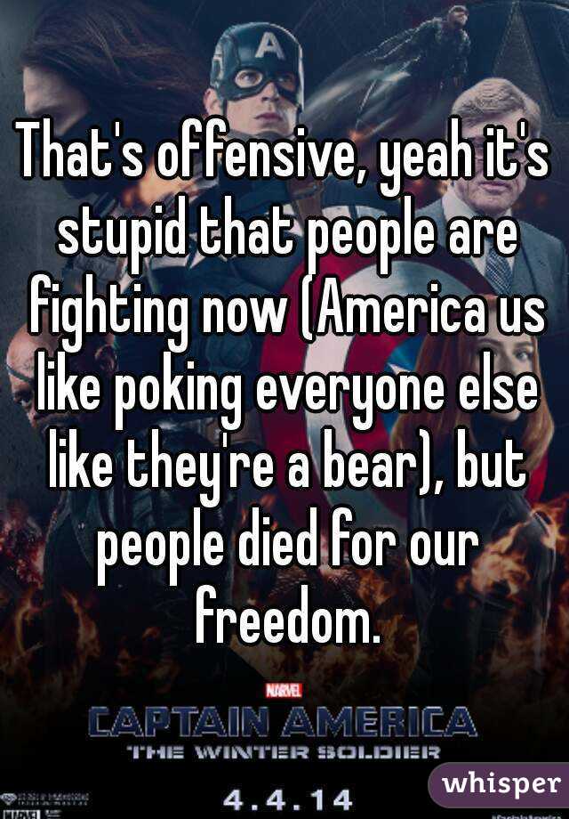 That's offensive, yeah it's stupid that people are fighting now (America us like poking everyone else like they're a bear), but people died for our freedom.