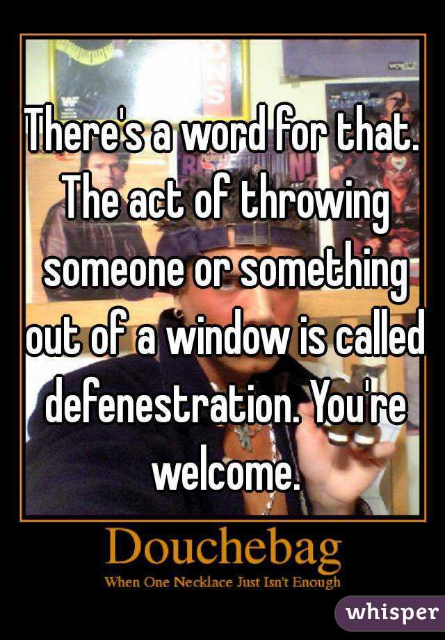 There's a word for that. The act of throwing someone or something out of a window is called defenestration. You're welcome.