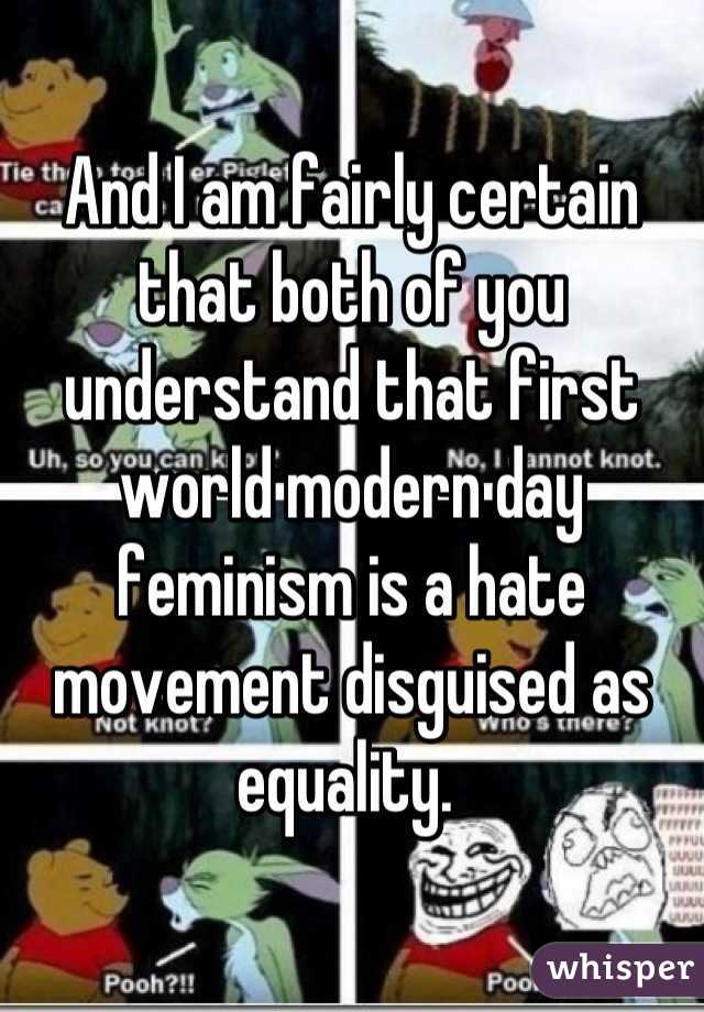 And I am fairly certain that both of you understand that first world modern day feminism is a hate movement disguised as equality. 