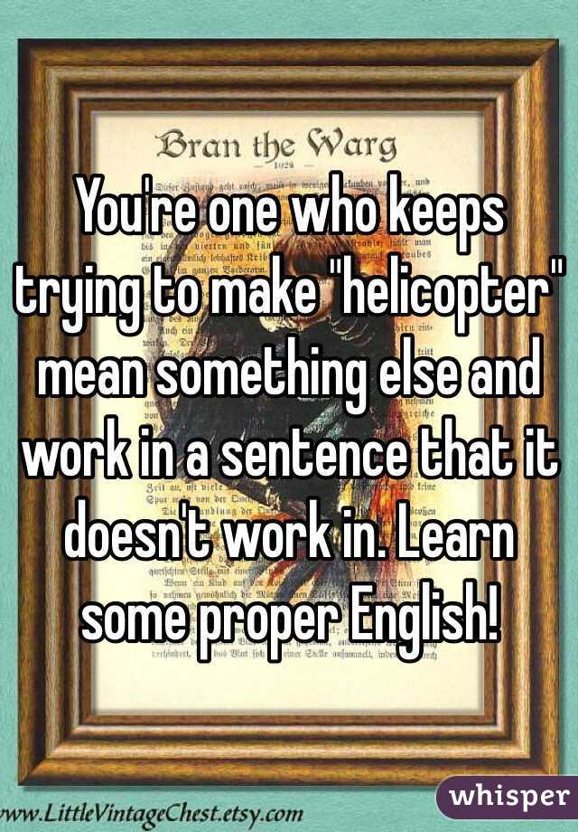 You're one who keeps trying to make "helicopter" mean something else and work in a sentence that it doesn't work in. Learn some proper English!