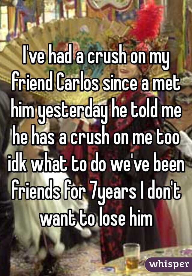 I've had a crush on my friend Carlos since a met him yesterday he told me he has a crush on me too idk what to do we've been friends for 7years I don't want to lose him 